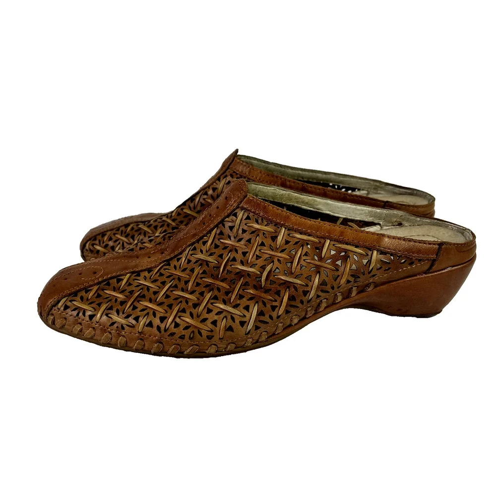 Pikolinos Shoes Womens 8 Mules Romana Brown Weave Leather Laser Cut